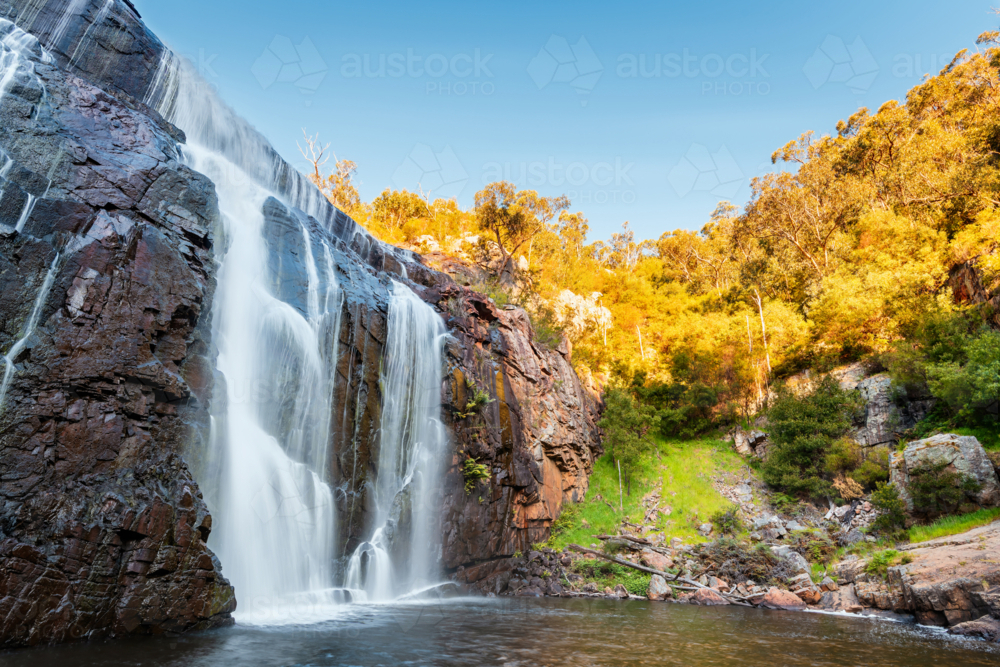 MacKenzie Waterfall cascading down the cliffs in Grampians on a day, River Gorge, Victoria - Australian Stock Image