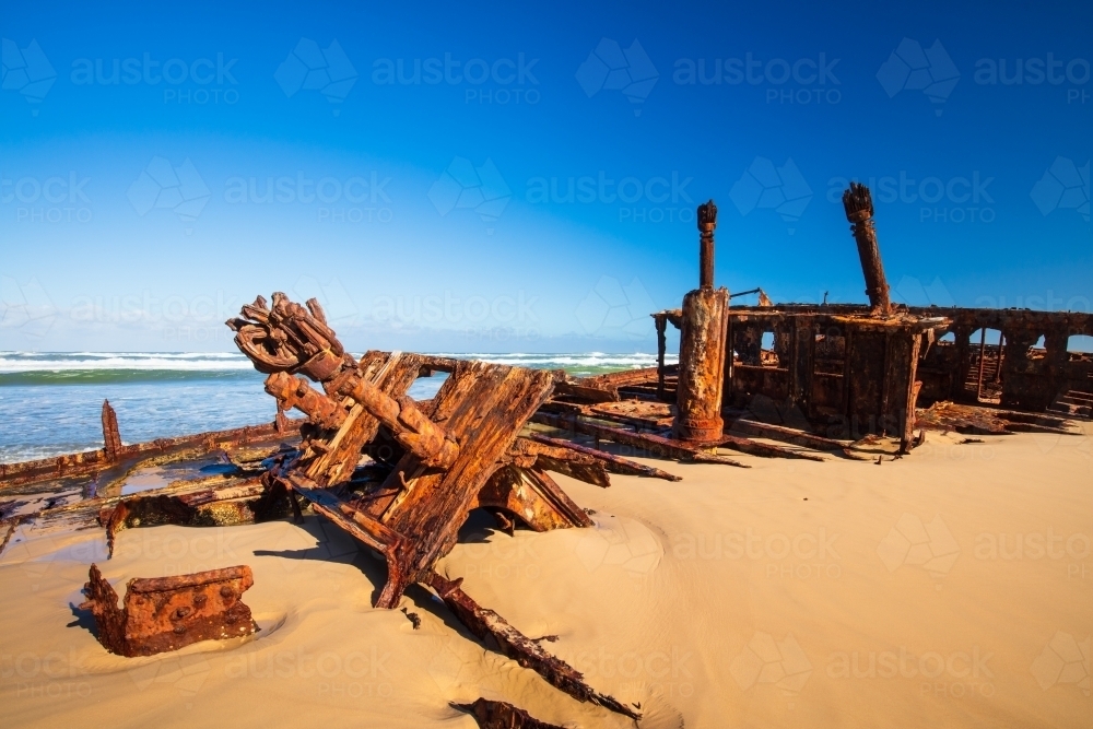 Maheno Shipwreck on beach on Fraser Island - Australian Stock Image