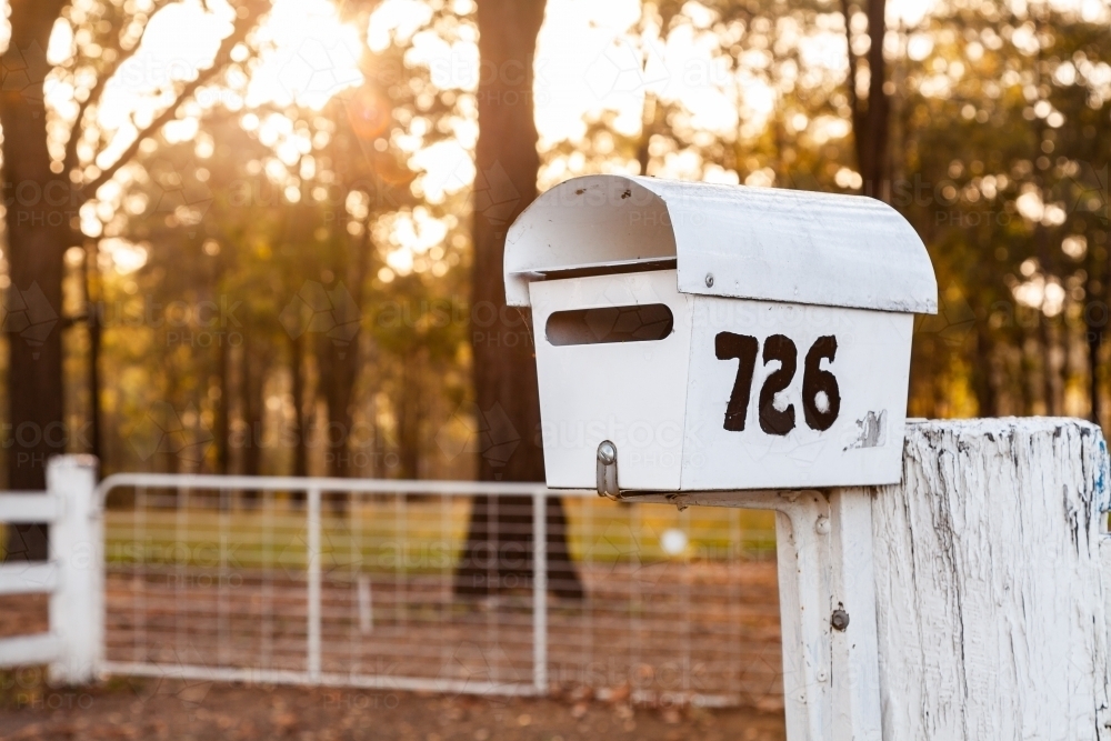 Mailbox on rural fence with 726 address - Australian Stock Image
