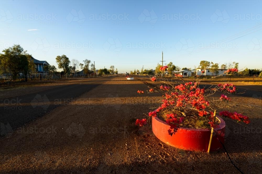 Main street of town with Bougainvillea in foreground - Australian Stock Image