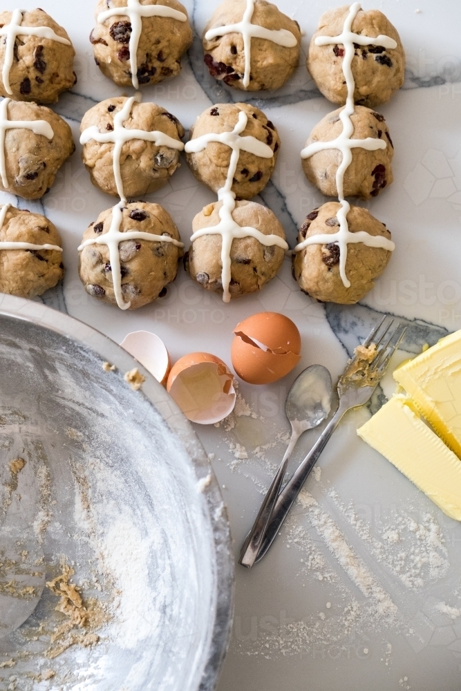 Making Easter Hot cross Buns at home - Australian Stock Image