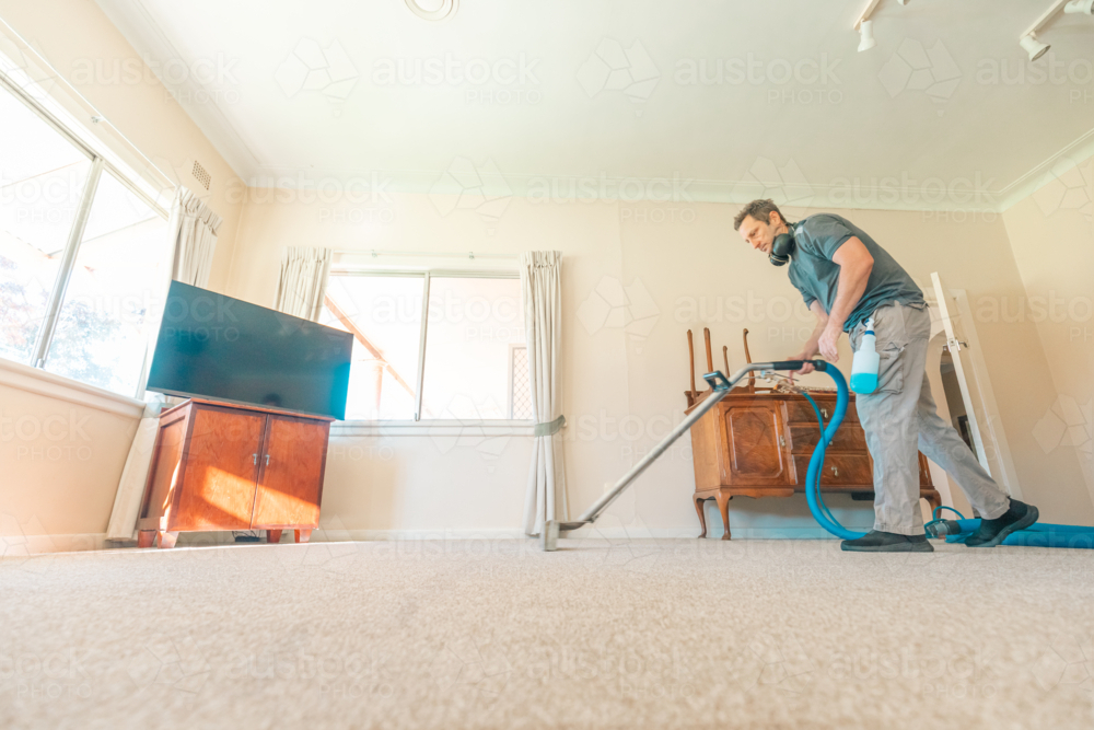 Image of Male carpet cleaning professional using steam cleaner in home ...