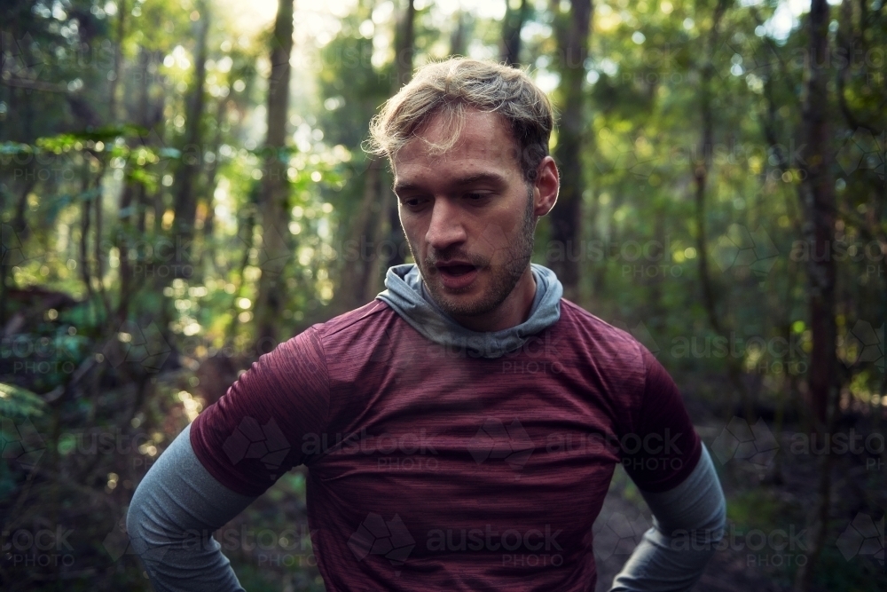 Male runner paused for a breather in the Woods - Australian Stock Image