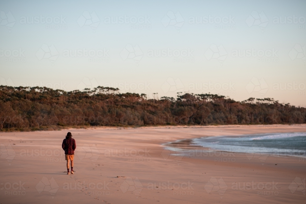 Man Alone Walking Beach - Australian Stock Image
