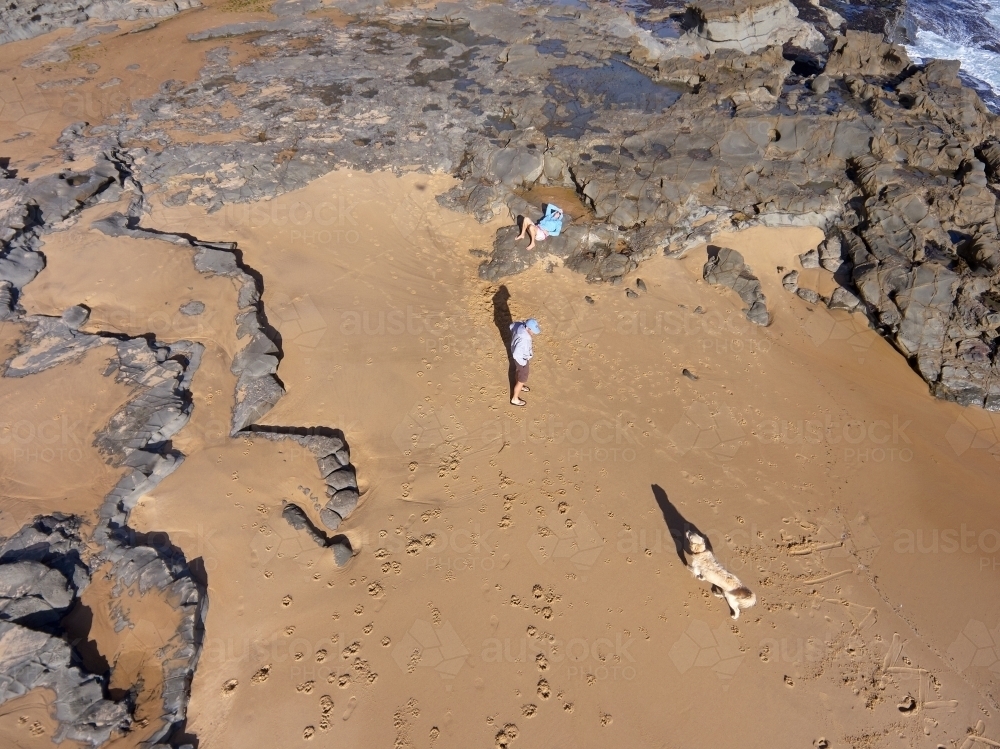 Man and Woman and Dog on a Beach Photographed from Above - Australian Stock Image