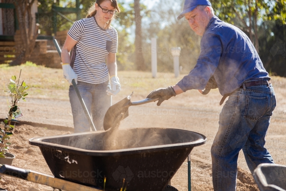 Man and woman shoveling dry dusty dirt into a wheelbarrow, gardening - Australian Stock Image