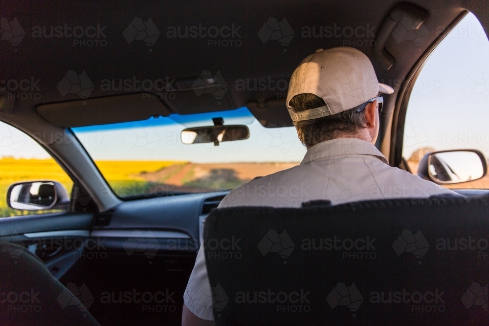 Man driving vehicle down dirt road next to paddocks on farm with canola field - Australian Stock Image