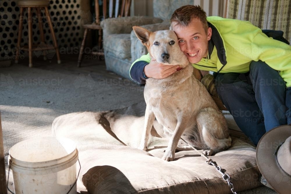 Man hugging a Red Heeler - Australian Stock Image