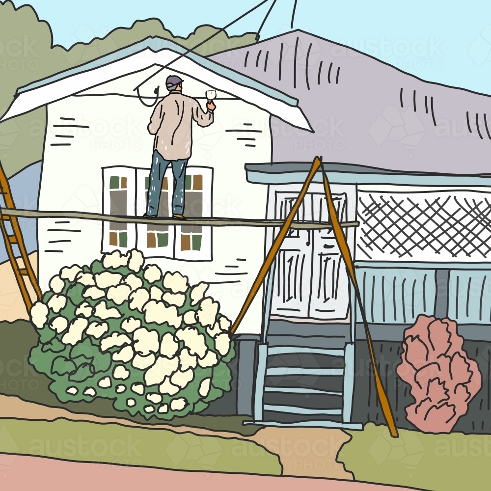 Man on scaffolding painting exterior of Queenslander house - Australian Stock Image