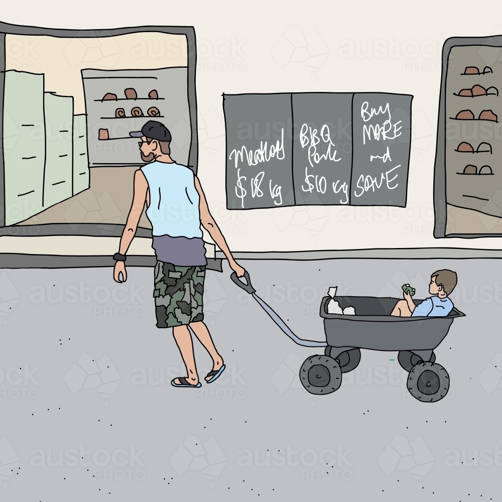 Man pulling big trolley with boy and shopping in near meat market : Austockphoto Man pulling big trolley with boy and shopping in near meat market - Australian Stock Image