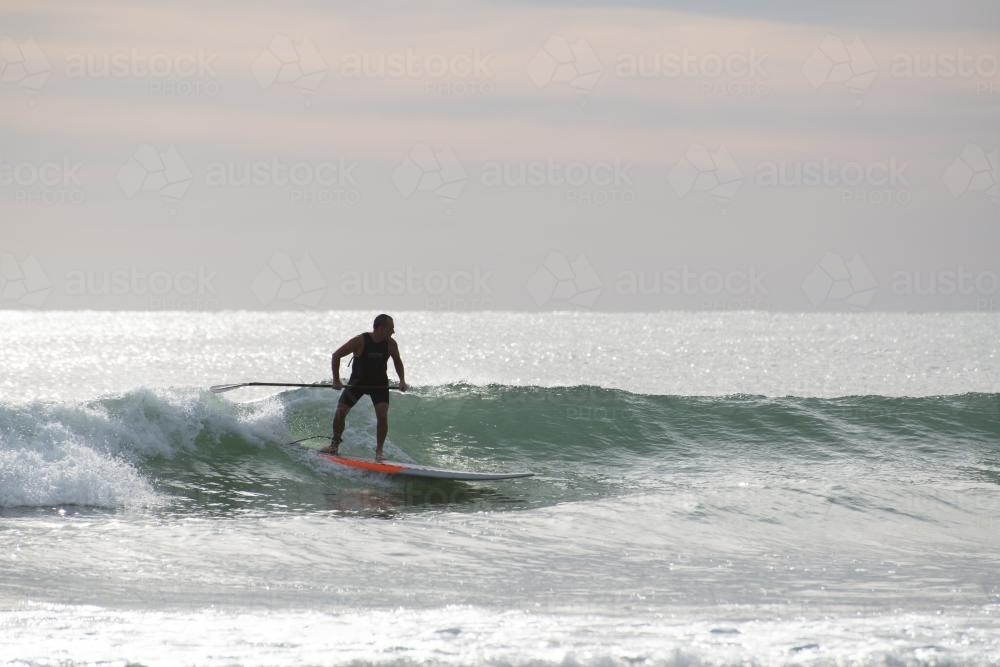 Man riding wave on paddleboard, backlit - Australian Stock Image