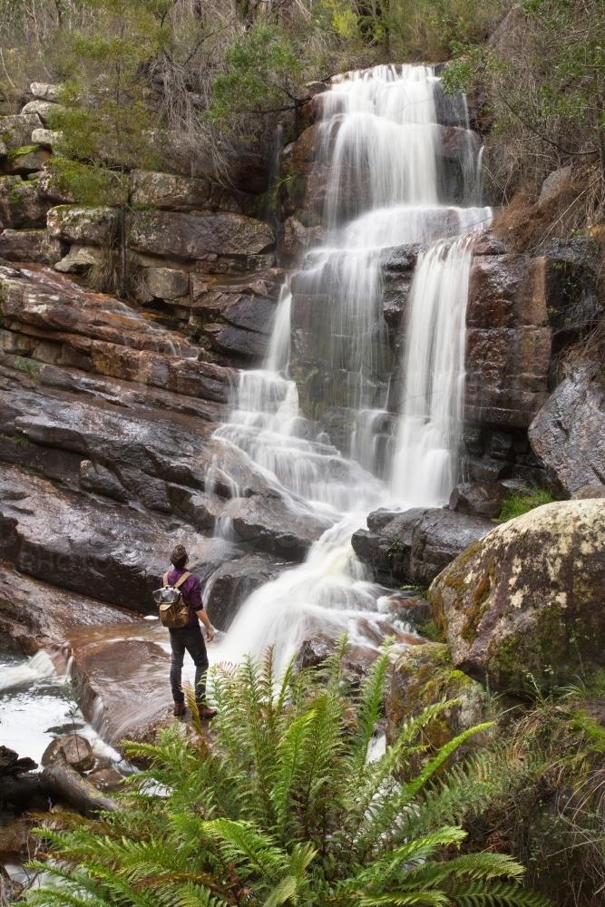 Man standing at the base of a waterfall in the bush - Australian Stock Image