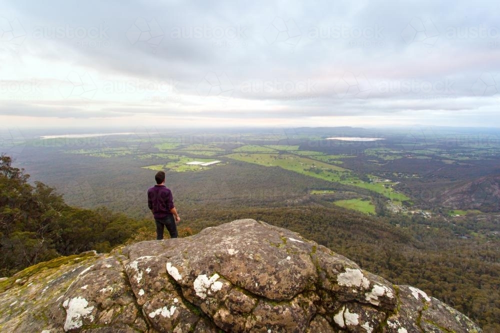 Man standing looking over green fields - Australian Stock Image
