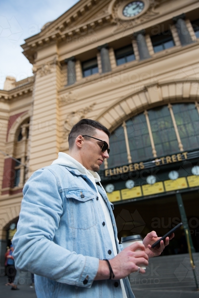 Man Waiting for Friends at Flinders Street Station - Australian Stock Image