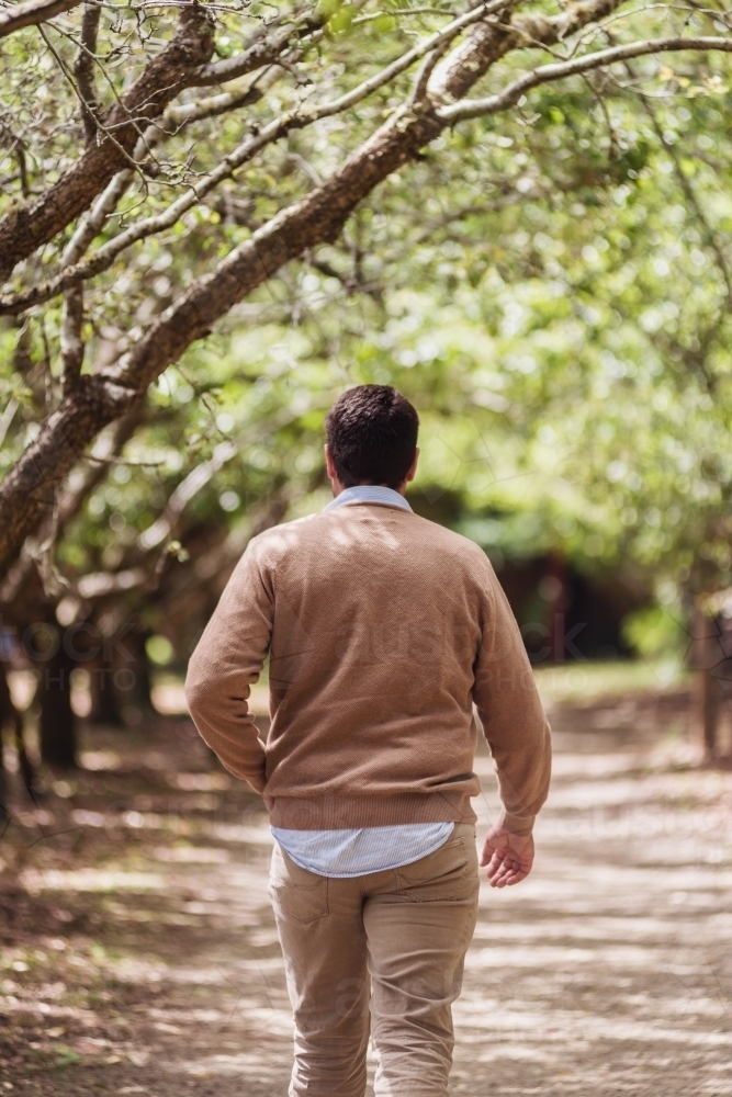 man walking down a treelined path - Australian Stock Image