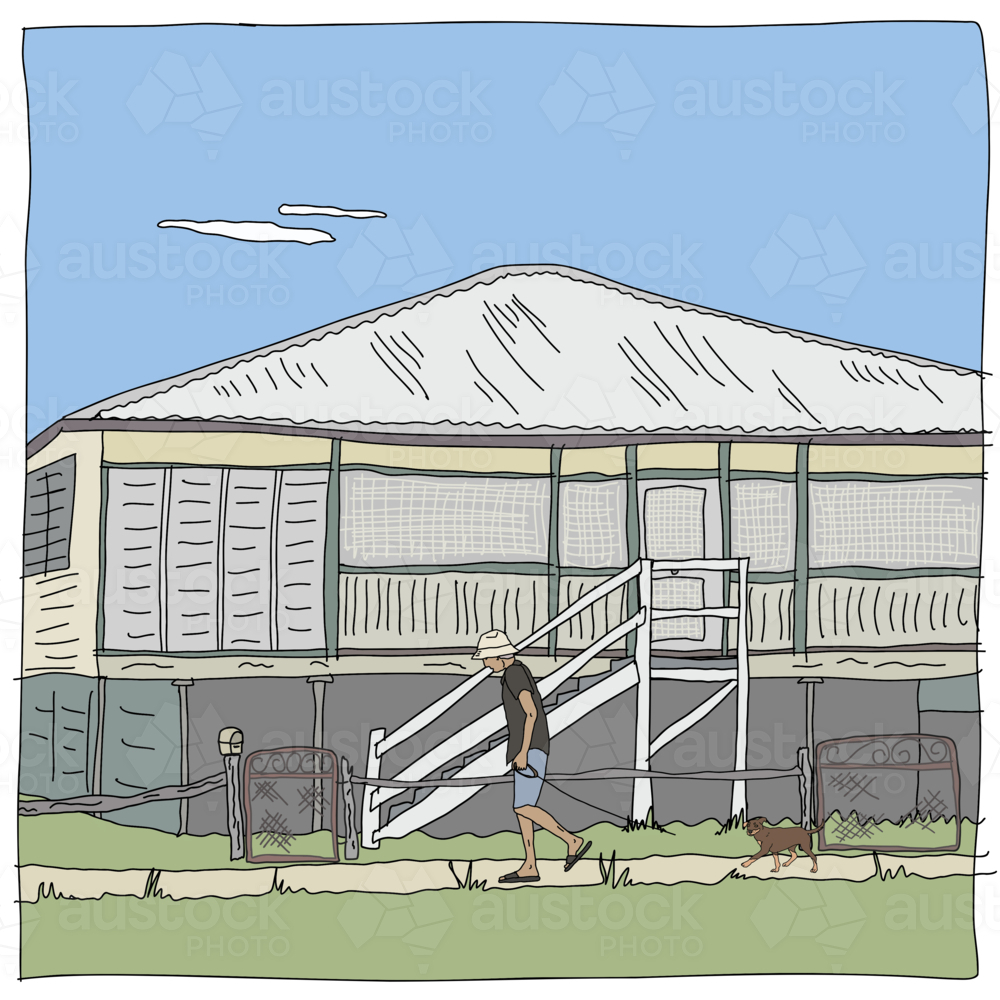 Man with hat walking brown dog on footpath past old Queenslander house and fence - Australian Stock Image