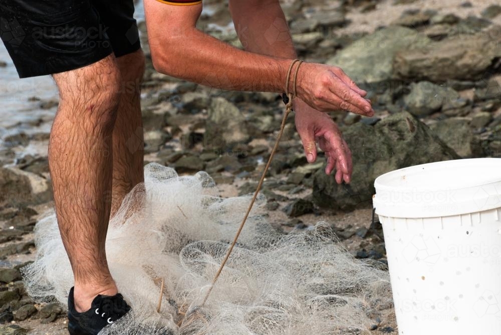 Man with net throwing baitfish into bucket at beach - Australian Stock Image