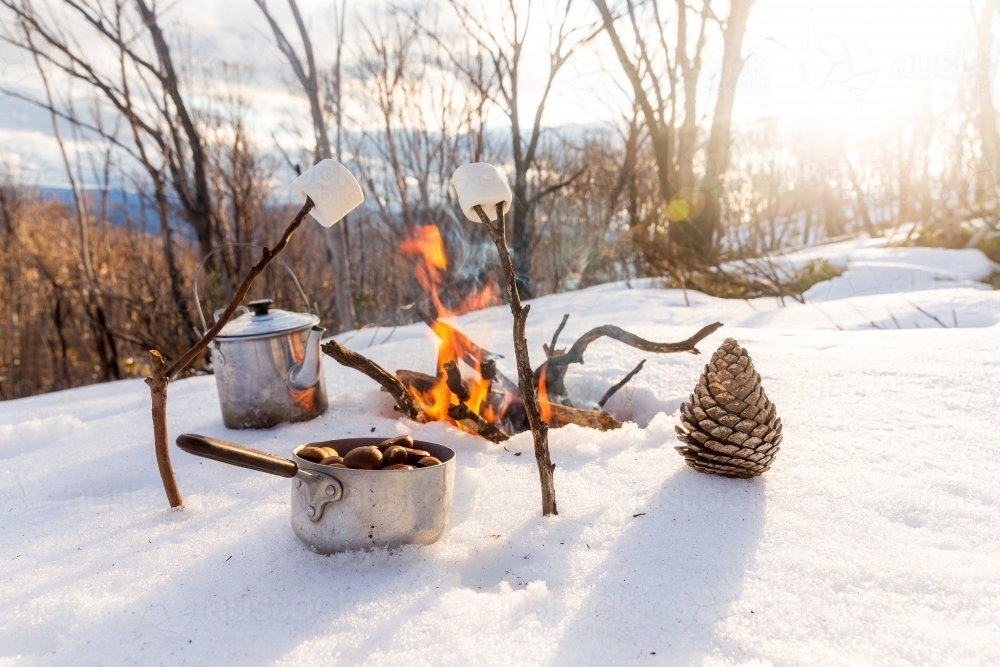 Marshmallow campfire in the snow - Australian Stock Image