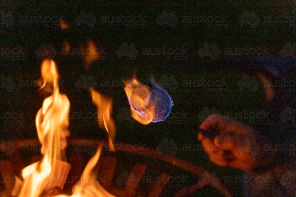 Marshmallow on fire above firepit - Australian Stock Image