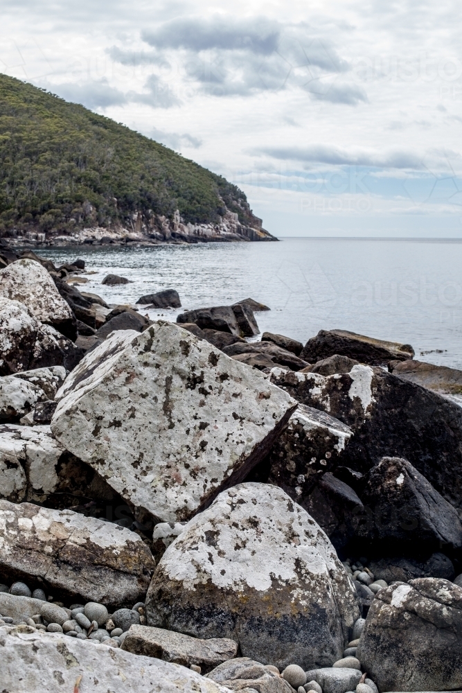 Massive boulders covered in white lichen line the coast  as Cape Hauy rises in the background - Australian Stock Image