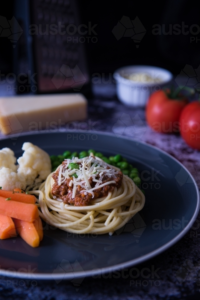 Meal of spaghetti and veggies - Australian Stock Image