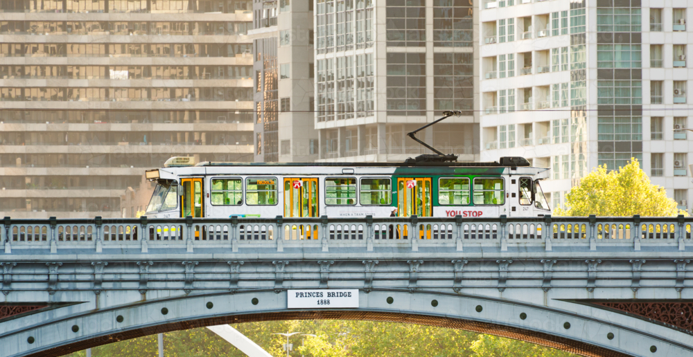 Melbourne, Australia - September 26, 2021 - Iconic Tram Travels Across Princes Bridge - Australian Stock Image