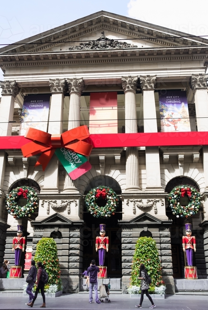 Image of Melbourne building wrapped in Christmas decoration  Austockphoto