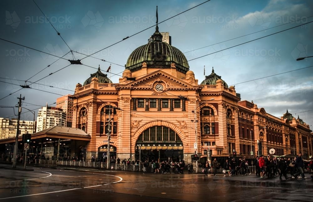 Melbourne CBD in the morning - Flinder's Steet Station - Australian Stock Image