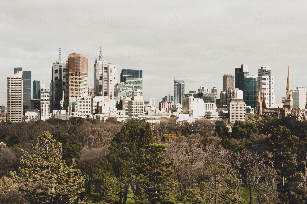 Melbourne city views across the Fitzroy gardens park - Australian Stock Image