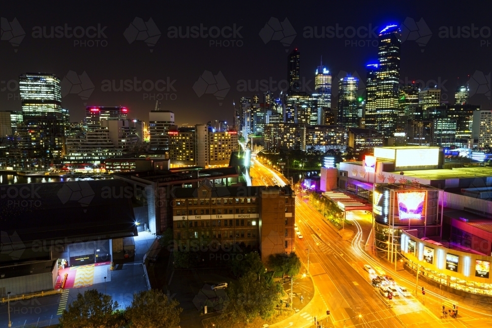 Melbourne street and skyline at night - Australian Stock Image
