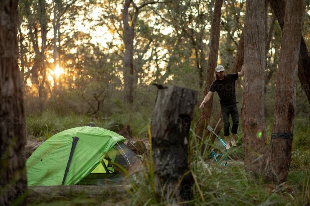 Men camping in bush - Australian Stock Image