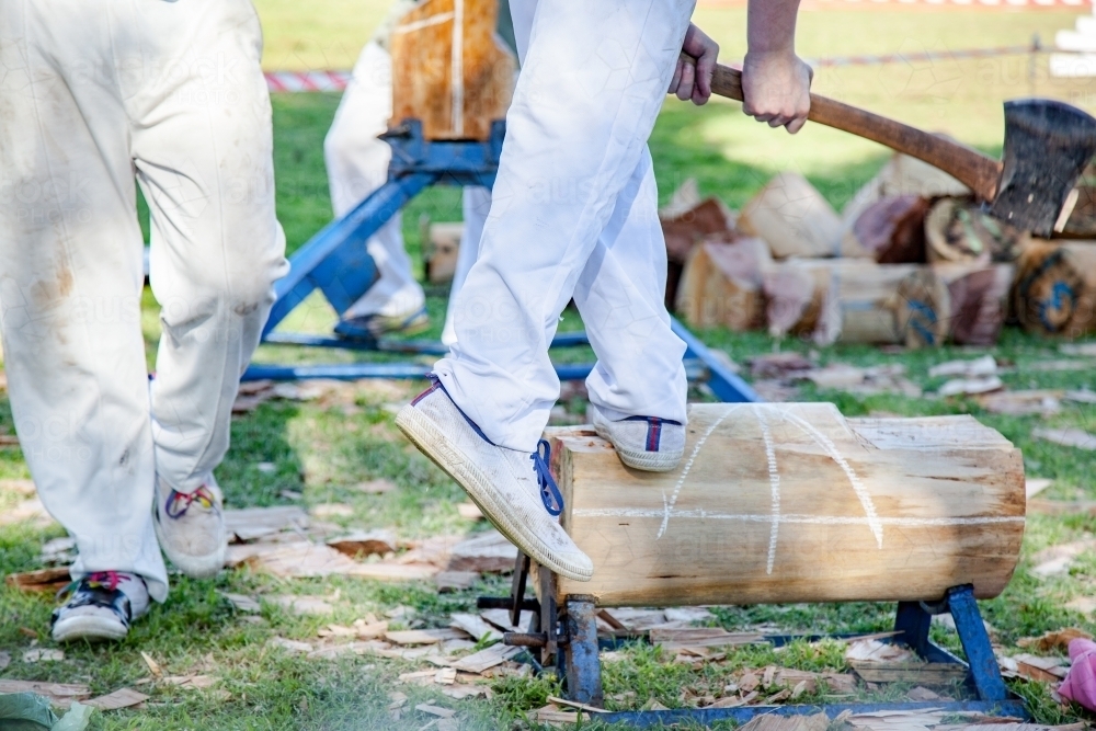 Men preparing block for wood splitting competition - Australian Stock Image