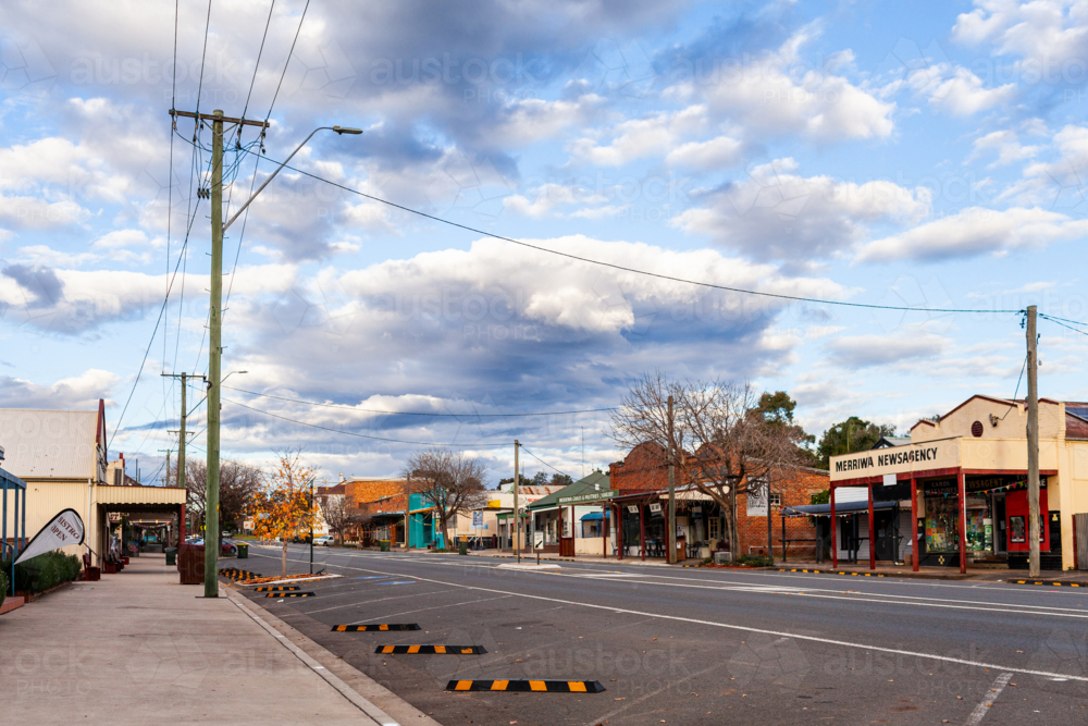 Merriwa town streetscape in winter on overcast afternoon with empty streets - Australian Stock Image