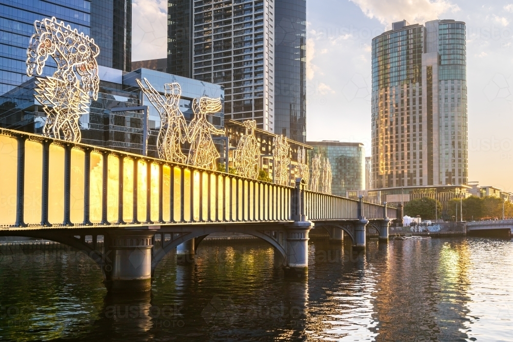 Metal sculptures on the Sandridge Bridge over the Yarra River in Melbourne - Australian Stock Image