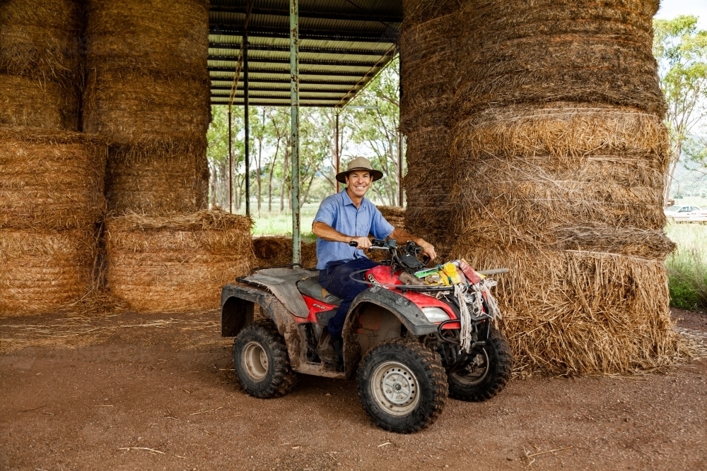Middle aged farmer on quad bike at farm hay shed collecting feed for cattle - Australian Stock Image