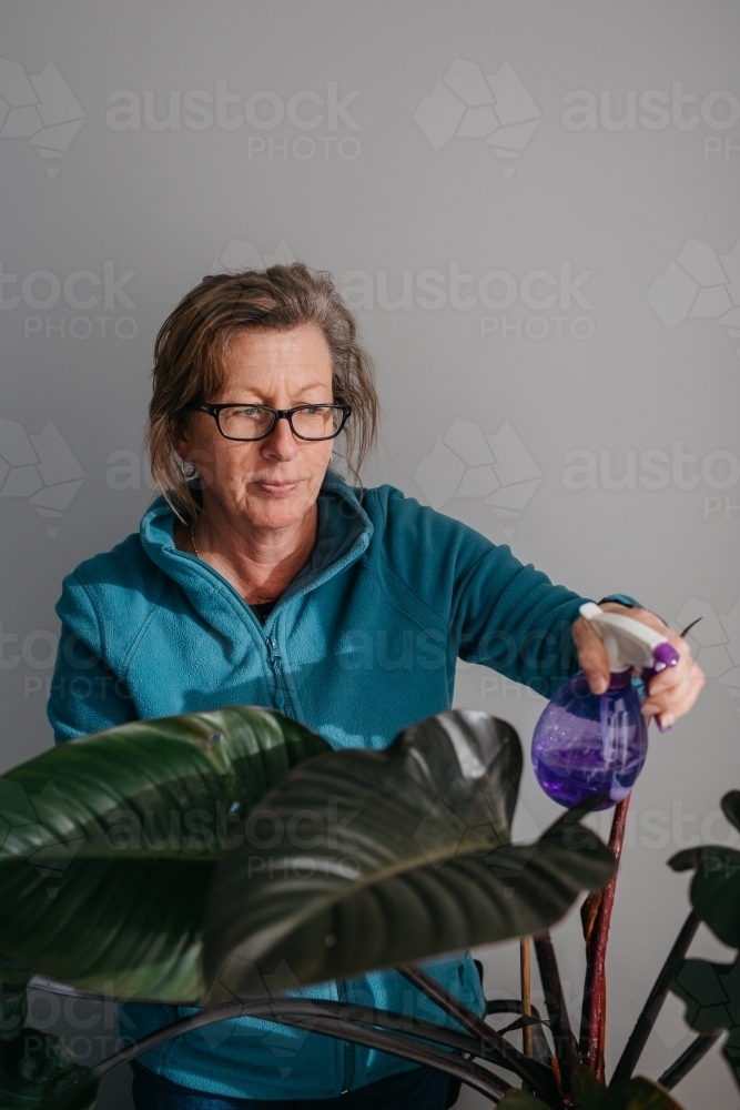 Middle aged woman tending to her plant, watering with spray bottle - Australian Stock Image