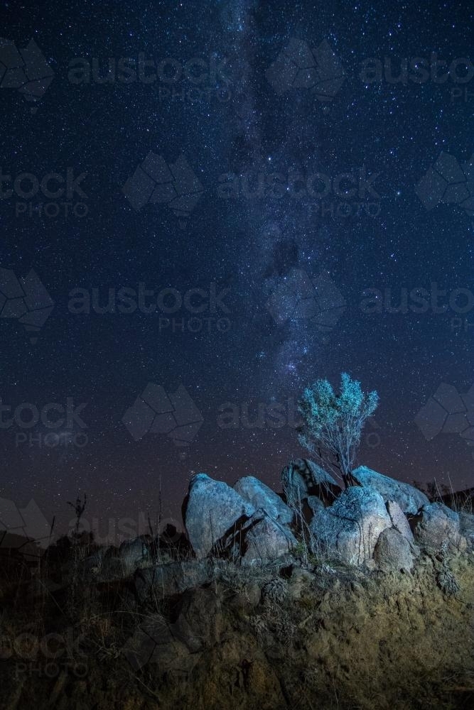 Milky Way Above Rocky Outcrop in the Snowy Mountains - Australian Stock Image