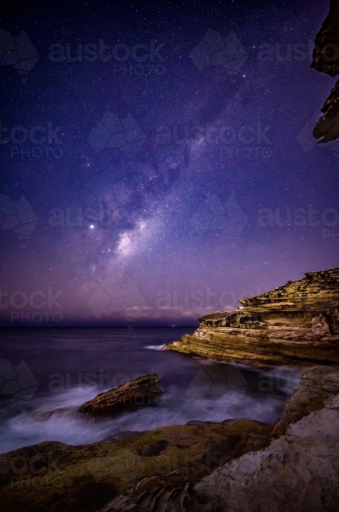Milky Way stars shining over Eastern Sydney  coastline - Australian Stock Image