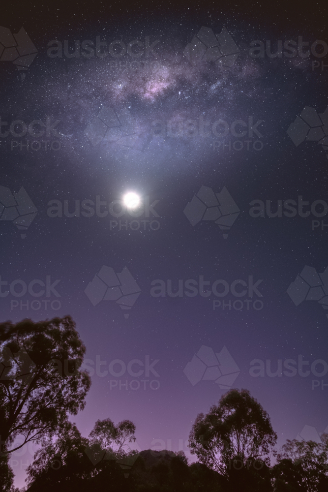 milkyway and moon in sky - Australian Stock Image