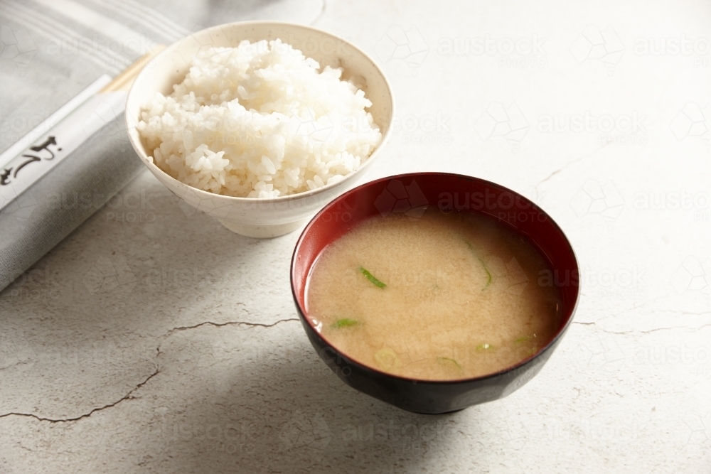 Image of Miso soup with white rice - Austockphoto