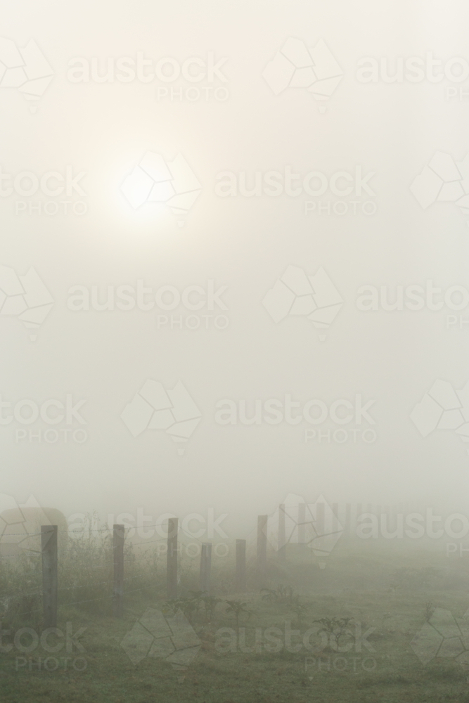 Misty farm scene on foggy morning with fence and round hay bale - Australian Stock Image