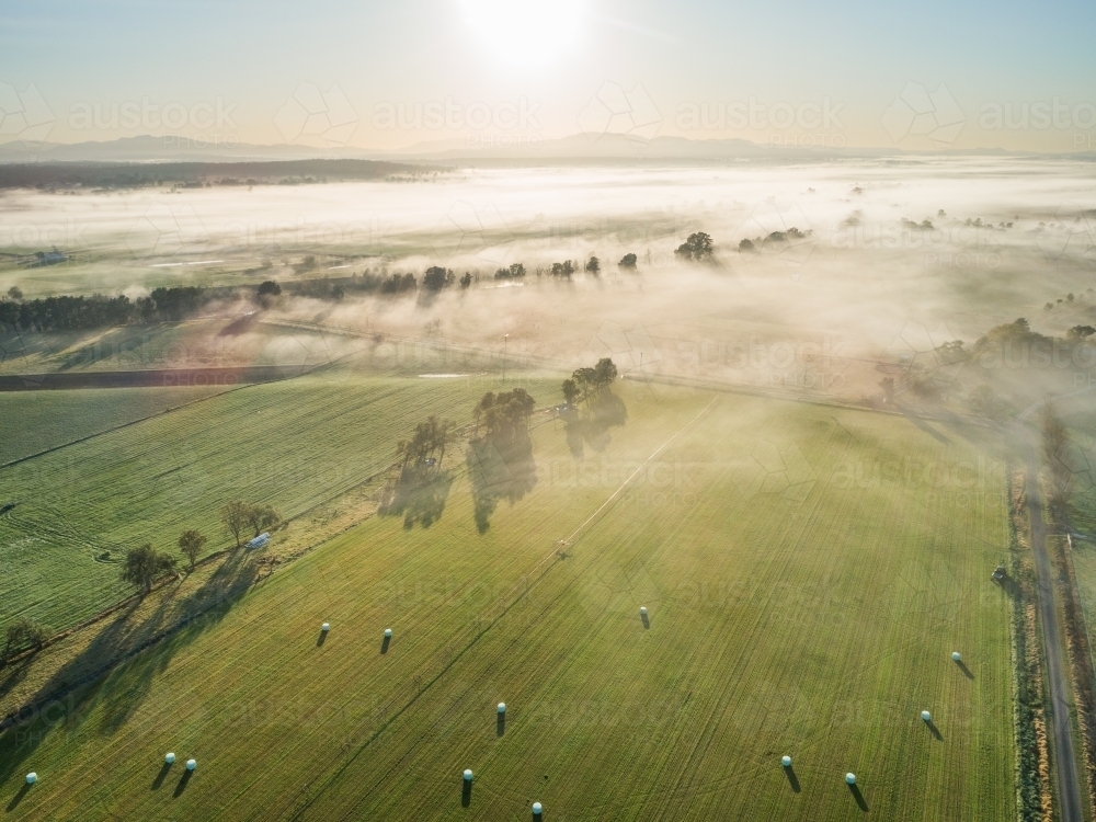 Misty morning fog over agricultural landscape in Australia - Australian Stock Image
