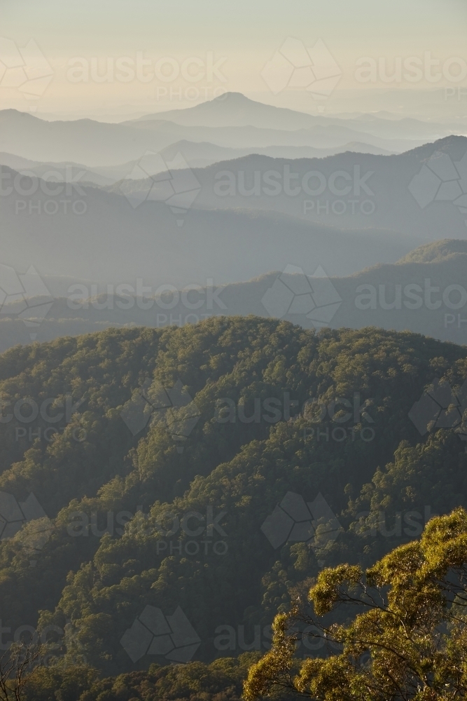 Misty mountain range during sunset - Australian Stock Image