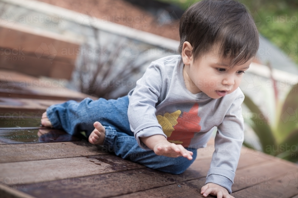 Mixed race 1 year old baby boy plays happily in his suburban backyard - Australian Stock Image