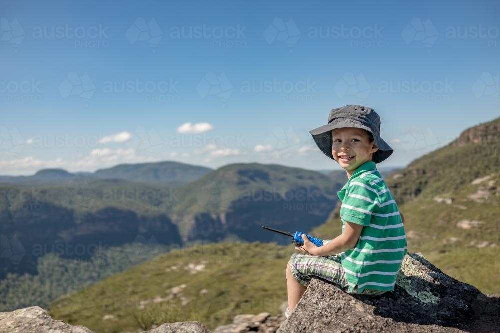 Mixed race boy bush walking in the Blue Mountains - Australian Stock Image