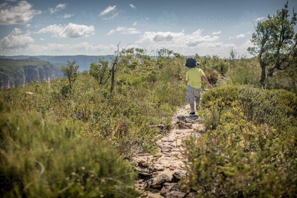 Mixed race boy bush walking in the Blue Mountains - Australian Stock Image
