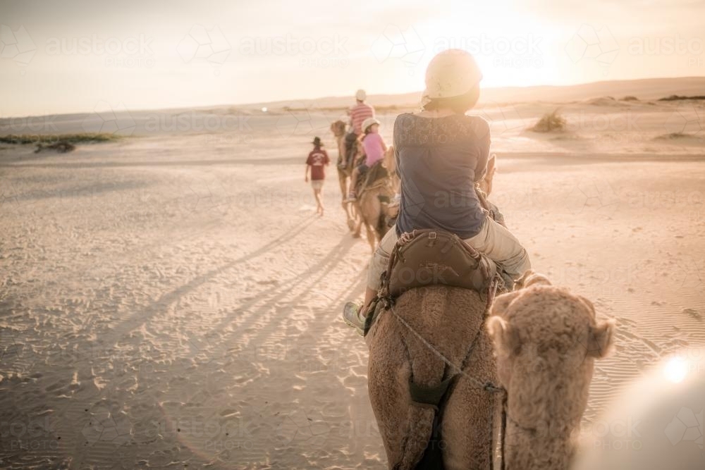 Mixed race family ride camels on Cable Beach at sunset - Australian Stock Image