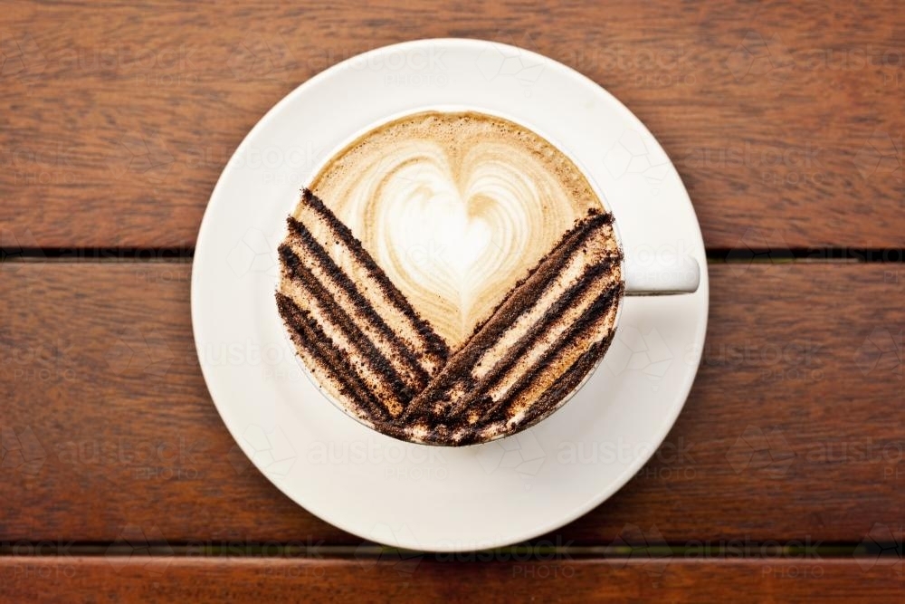 Mocha with latte art and fancy chocolate stripes - Australian Stock Image