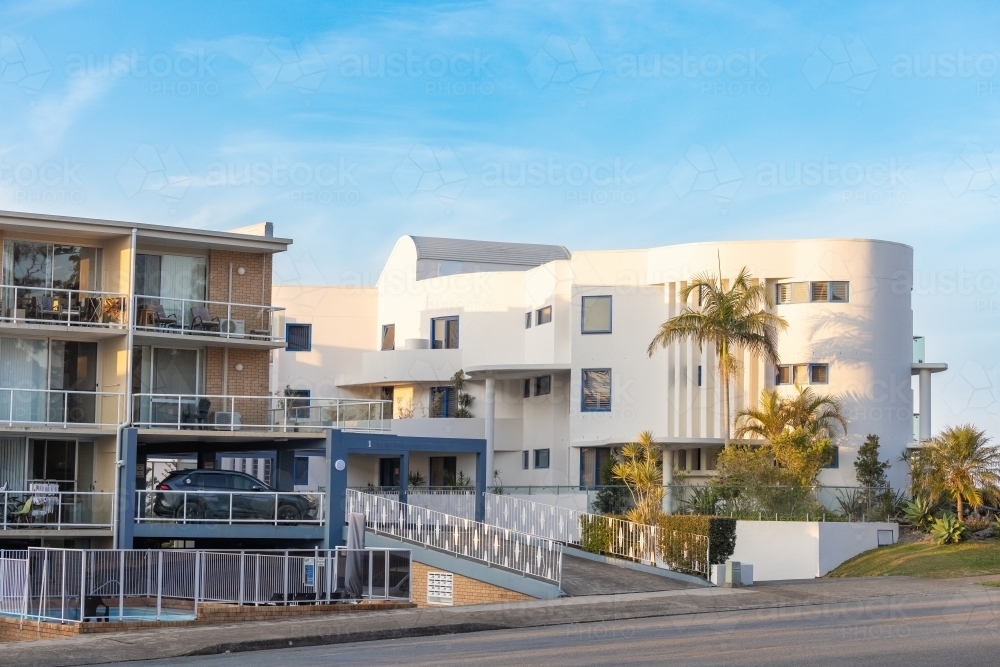 Modern apartment building facade in Port Macquarie north coast NSW - Australian Stock Image
