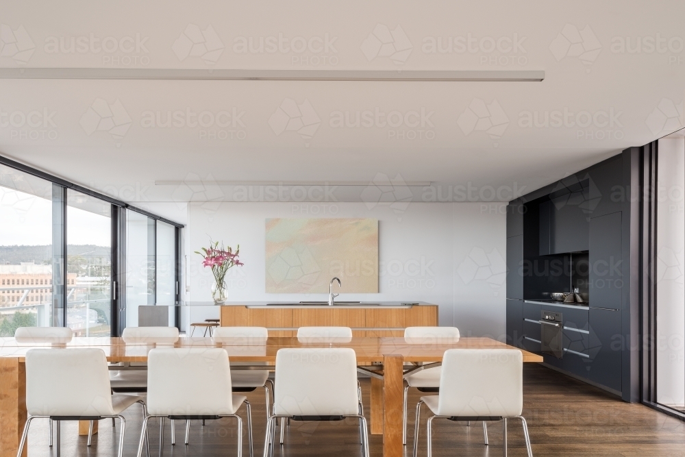 Modern interior of luxury city apartment overlooking Hobart city - Australian Stock Image